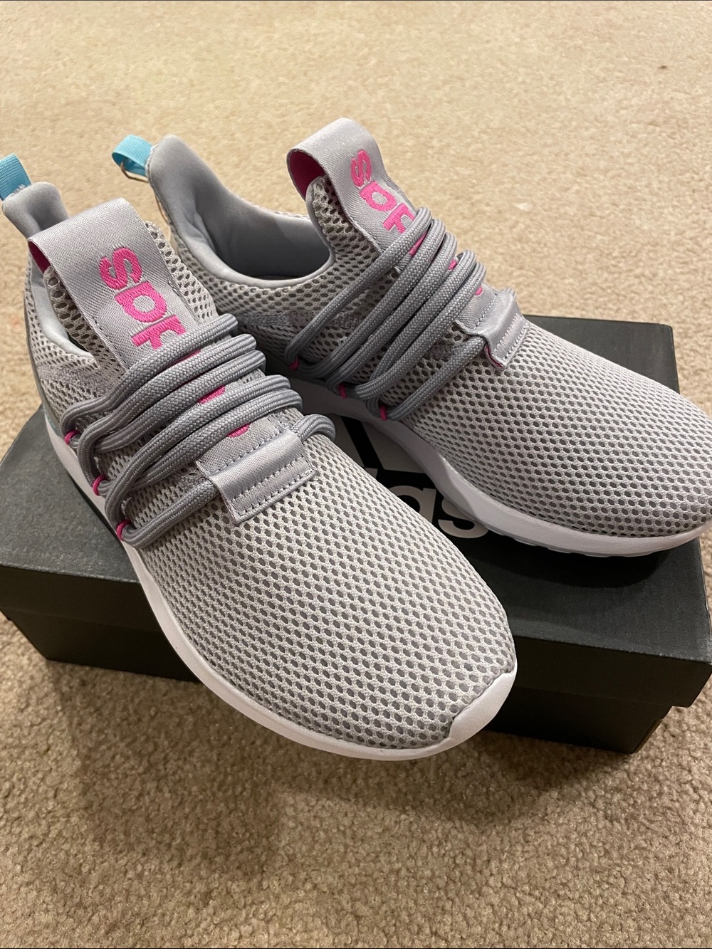 NWT Adidas lite Racer adapt 3 Kids Grey Mesh Slip-On Sneakers with Pink Accents